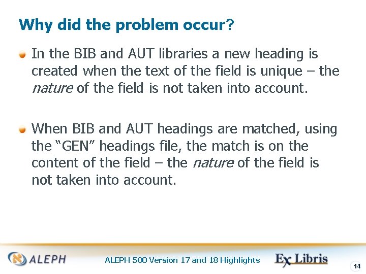 Why did the problem occur? In the BIB and AUT libraries a new heading