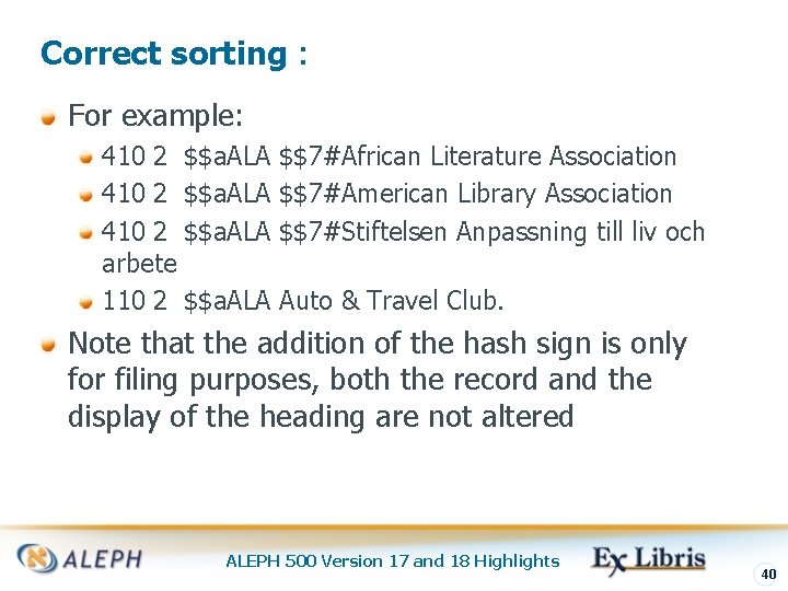Correct sorting : For example: 410 2 $$a. ALA $$7#African Literature Association 410 2