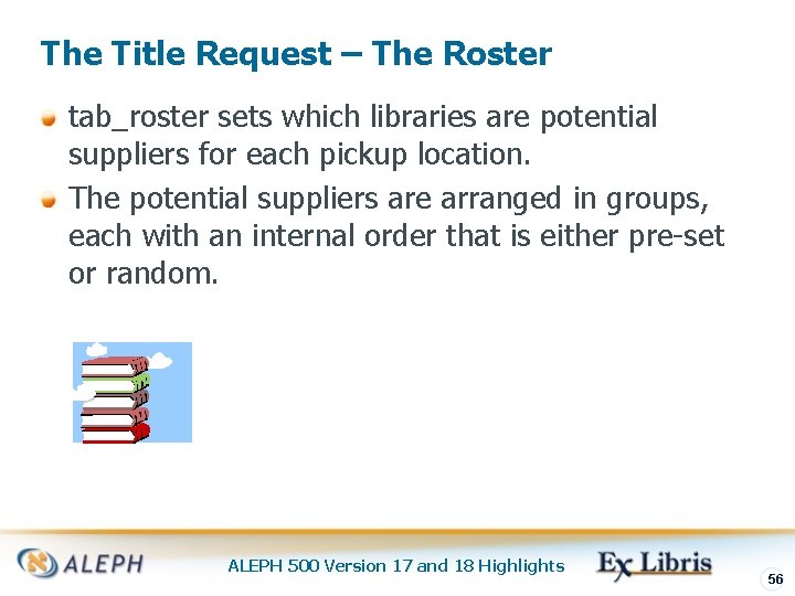 The Title Request – The Roster tab_roster sets which libraries are potential suppliers for