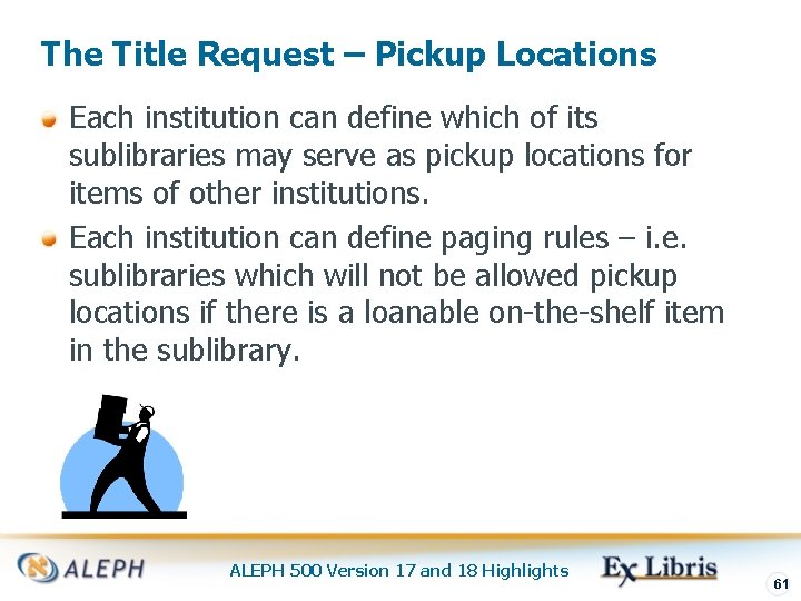The Title Request – Pickup Locations Each institution can define which of its sublibraries