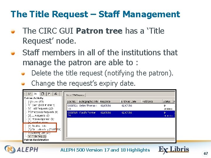 The Title Request – Staff Management The CIRC GUI Patron tree has a ‘Title