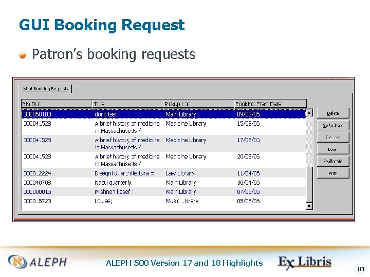 GUI Booking Request Patron’s booking requests ALEPH 500 Version 17 and 18 Highlights 81