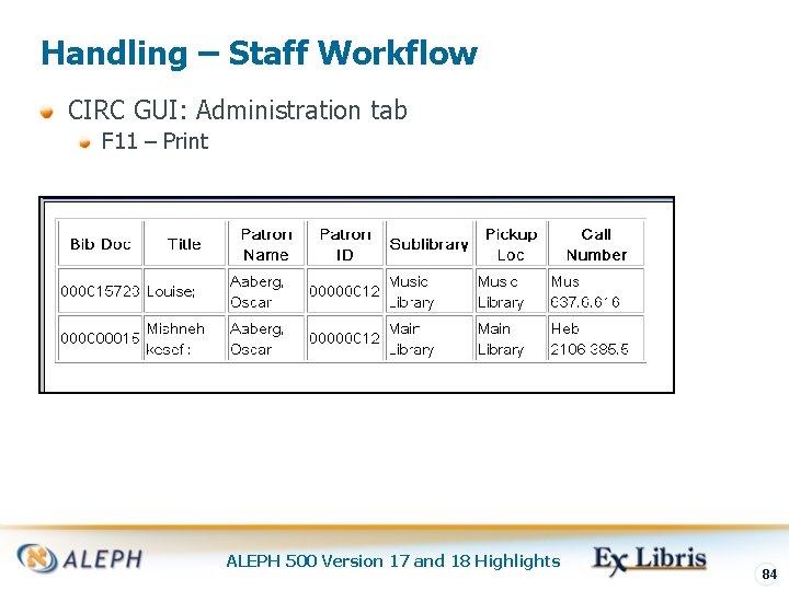 Handling – Staff Workflow CIRC GUI: Administration tab F 11 – Print ALEPH 500