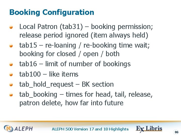 Booking Configuration Local Patron (tab 31) – booking permission; release period ignored (item always