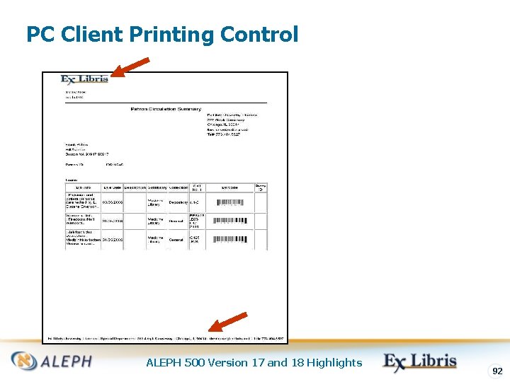 PC Client Printing Control ALEPH 500 Version 17 and 18 Highlights 92 