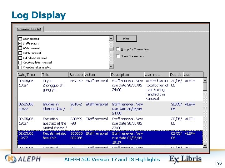 Log Display ALEPH 500 Version 17 and 18 Highlights 96 