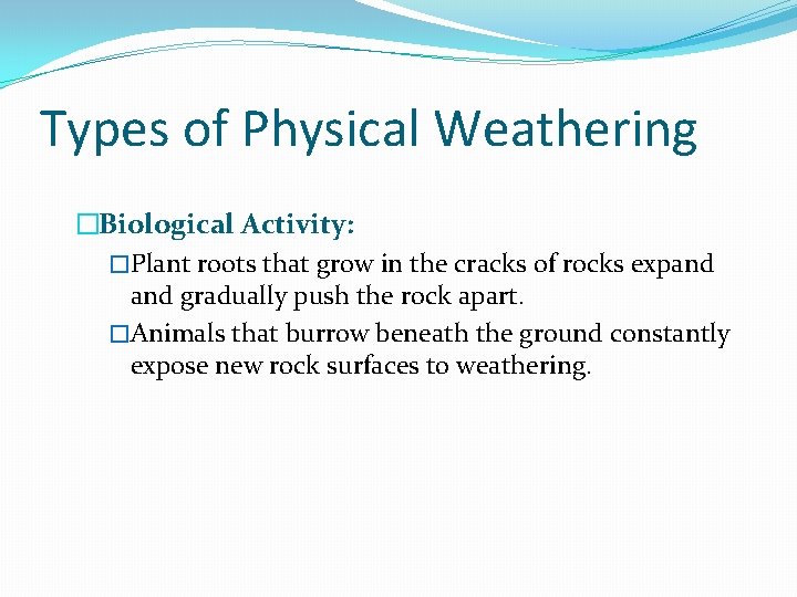 Types of Physical Weathering �Biological Activity: �Plant roots that grow in the cracks of Types of Physical Weathering �Biological Activity: �Plant roots that grow in the cracks of