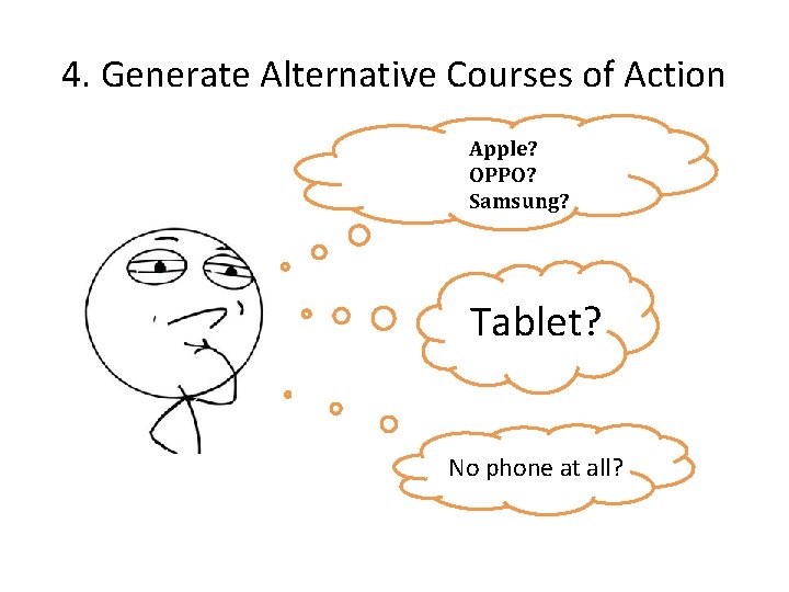 4. Generate Alternative Courses of Action Apple? OPPO? Samsung? Tablet? No phone at all?