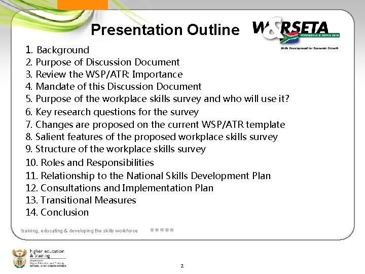 Presentation Outline 1. Background 2. Purpose of Discussion Document 3. Review the WSP/ATR: Importance