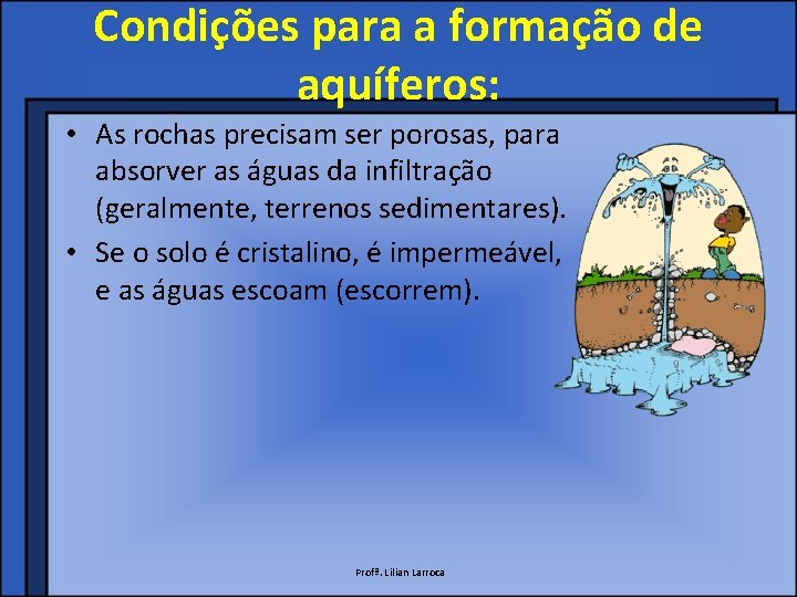 Condições para a formação de aquíferos: • As rochas precisam ser porosas, para absorver