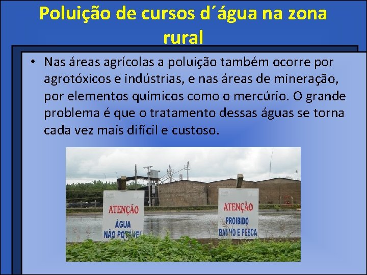 Poluição de cursos d´água na zona rural • Nas áreas agrícolas a poluição também