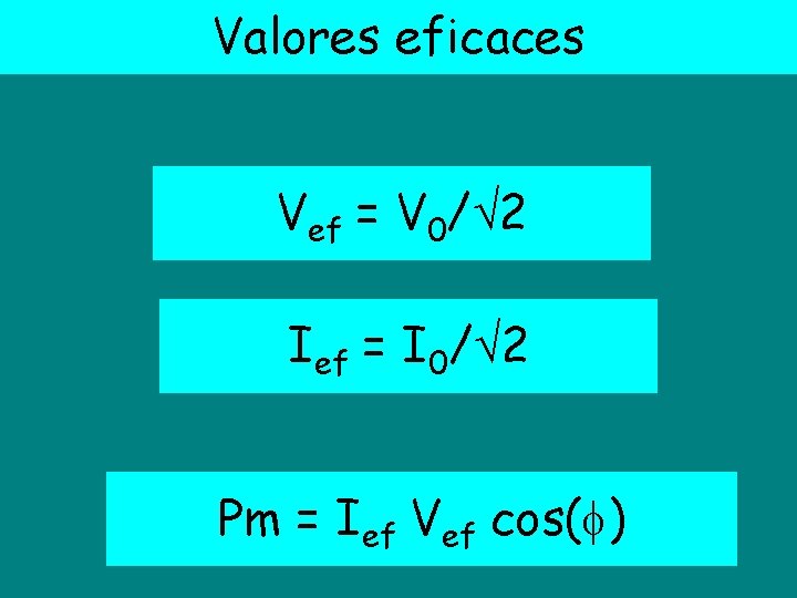 Valores eficaces Vef = V 0/ 2 Ief = I 0/ 2 Pm =