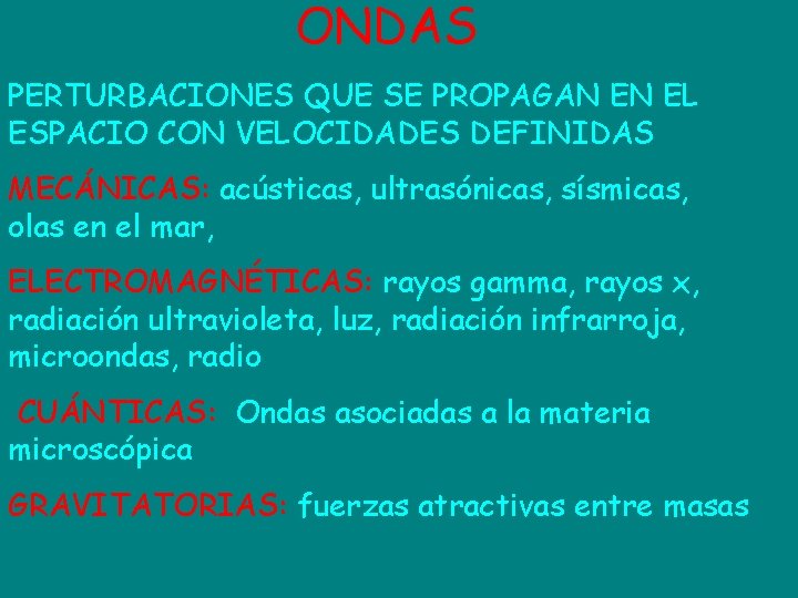 ONDAS PERTURBACIONES QUE SE PROPAGAN EN EL ESPACIO CON VELOCIDADES DEFINIDAS MECÁNICAS: acústicas, ultrasónicas,