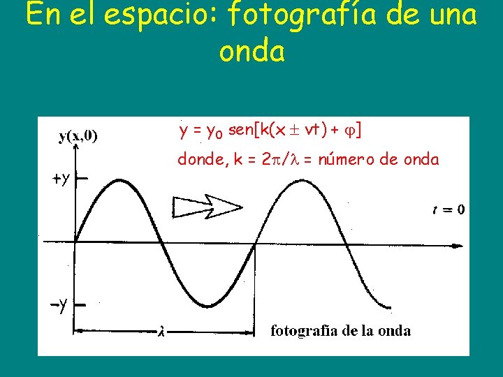 En el espacio: fotografía de una onda y = y 0 sen[k(x vt) +