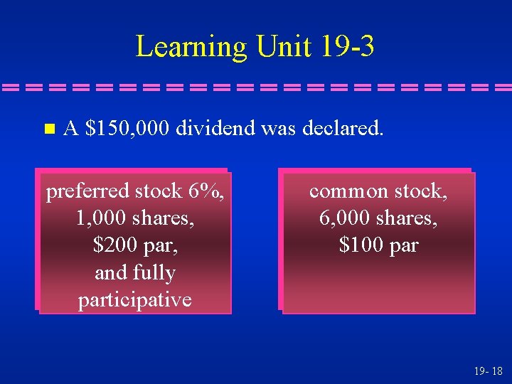 Learning Unit 19 -3 n A $150, 000 dividend was declared. preferred stock 6%,