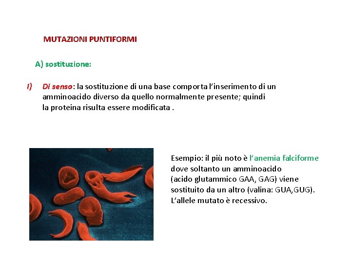 MUTAZIONI PUNTIFORMI A) sostituzione: I) Di senso: la sostituzione di una base comporta l’inserimento