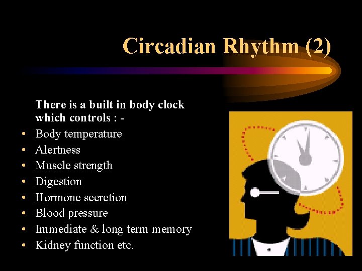 Circadian Rhythm (2) • • There is a built in body clock which controls