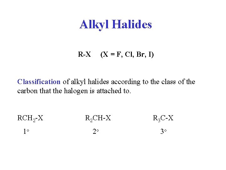 Alkyl Halides R-X (X = F, Cl, Br, I) Classification of alkyl halides according