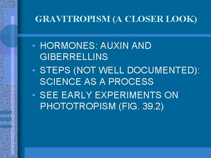 GRAVITROPISM (A CLOSER LOOK) • HORMONES: AUXIN AND GIBERRELLINS • STEPS (NOT WELL DOCUMENTED):