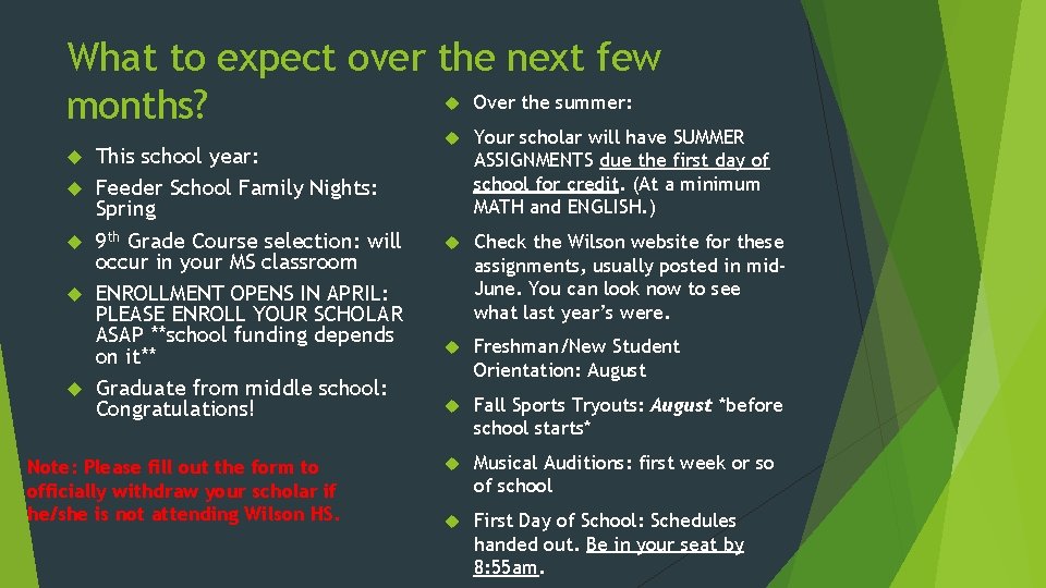 What to expect over the next few Over the summer: months? This school year: