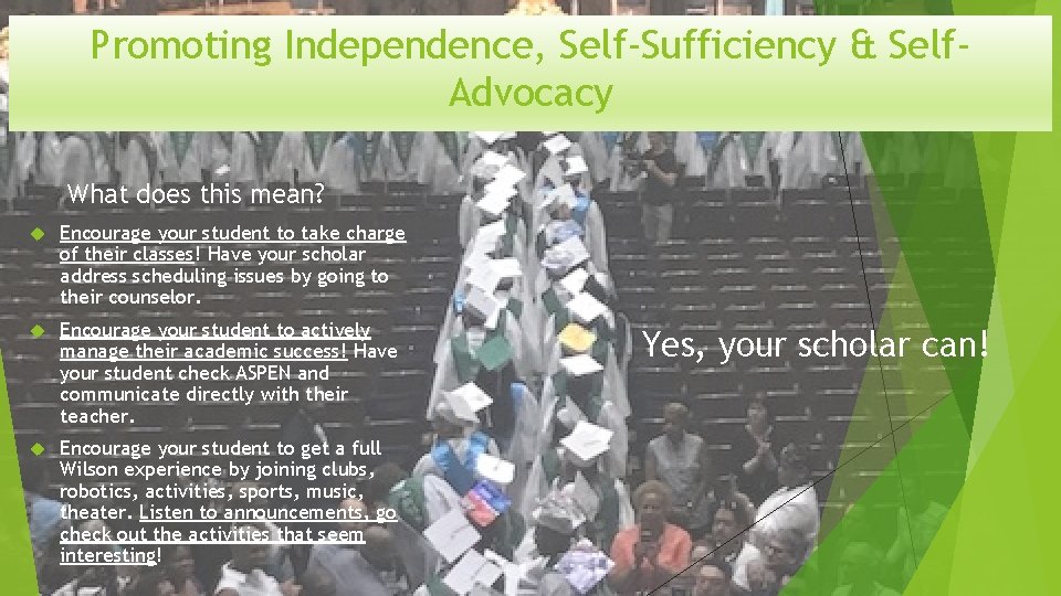 Promoting Independence, Self-Sufficiency & Self. Advocacy What does this mean? Encourage your student to