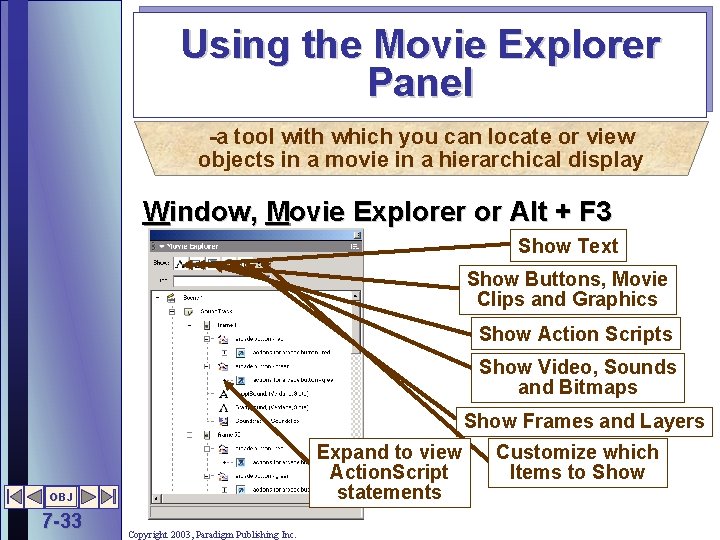 Using the Movie Explorer Panel -a tool with which you can locate or view