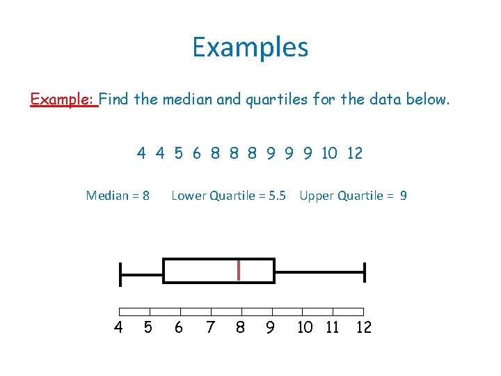 Examples Example: Find the median and quartiles for the data below. 4 4 5