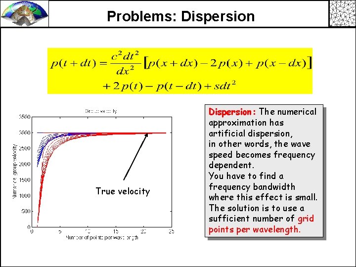 Problems: Dispersion True velocity Dispersion: The numerical approximation has artificial dispersion, in other words,