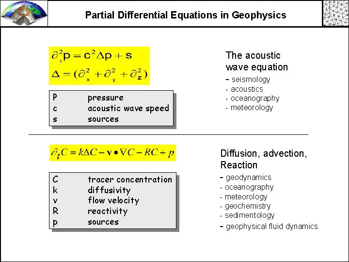 Partial Differential Equations in Geophysics The acoustic wave equation - seismology P c s