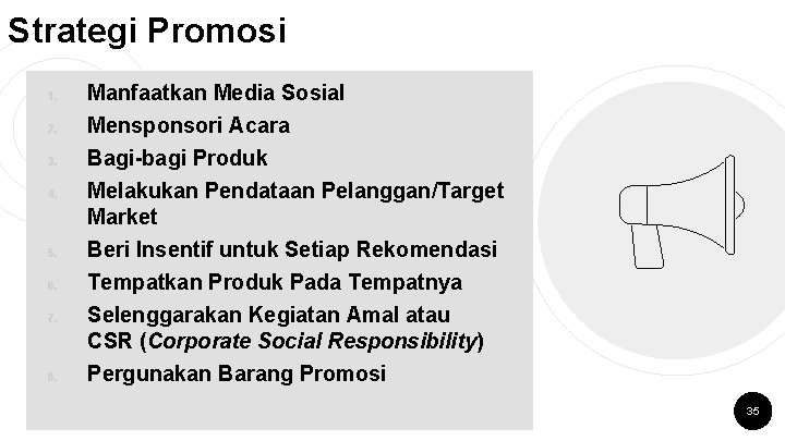 Strategi Promosi 1. 2. 3. 4. 5. 6. 7. 8. Manfaatkan Media Sosial Mensponsori
