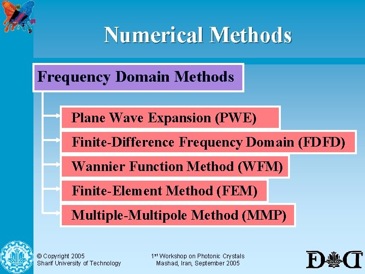 Numerical Methods Frequency Domain Methods Plane Wave Expansion (PWE) Finite-Difference Frequency Domain (FDFD) Wannier
