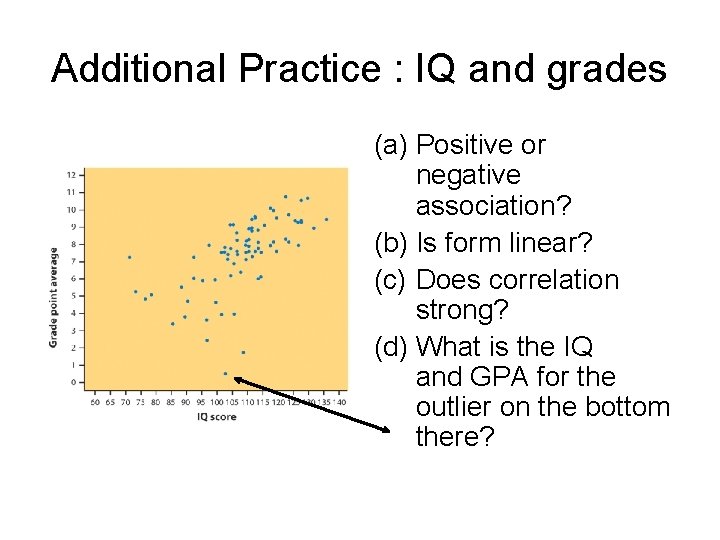 Additional Practice : IQ and grades (a) Positive or negative association? (b) Is form