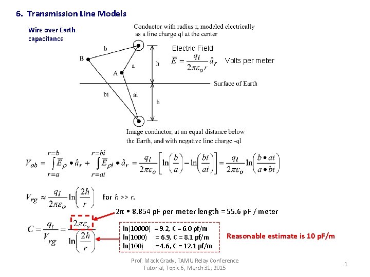 6. Transmission Line Models Wire over Earth capacitance Electric Field Volts per meter for