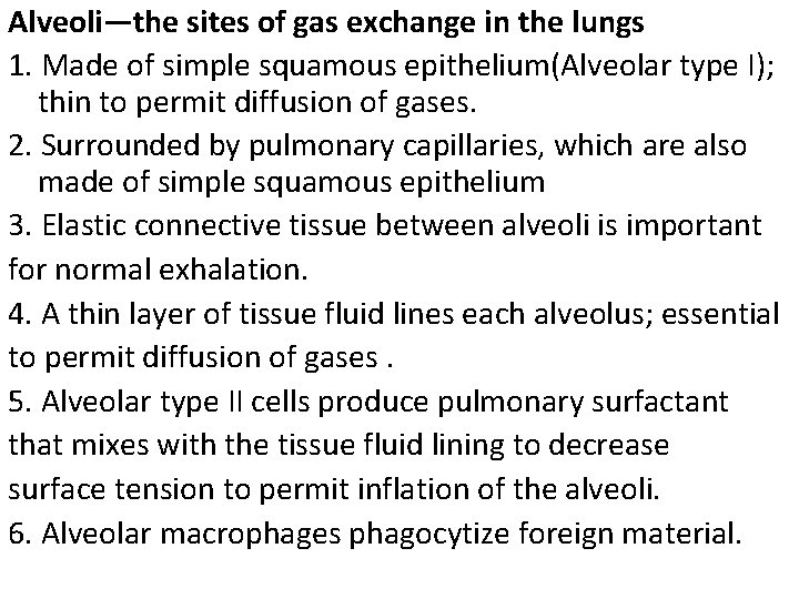 Alveoli—the sites of gas exchange in the lungs 1. Made of simple squamous epithelium(Alveolar