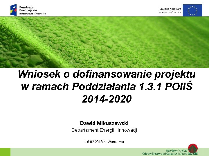 Wniosek o dofinansowanie projektu w ramach Poddziałania 1. 3. 1 POIiŚ 2014 -2020 Dawid