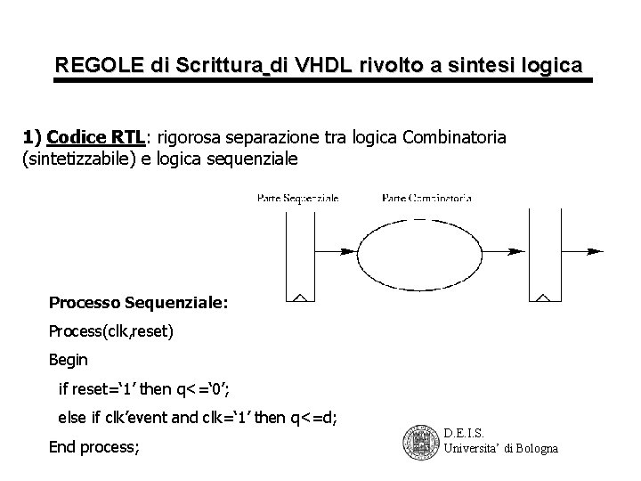 REGOLE di Scrittura di VHDL rivolto a sintesi logica 1) Codice RTL: rigorosa separazione