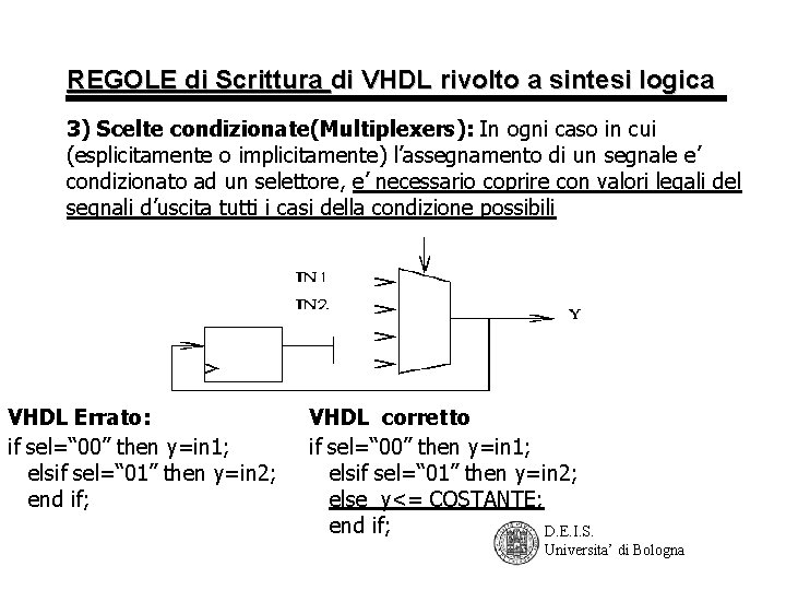 REGOLE di Scrittura di VHDL rivolto a sintesi logica 3) Scelte condizionate(Multiplexers): In ogni