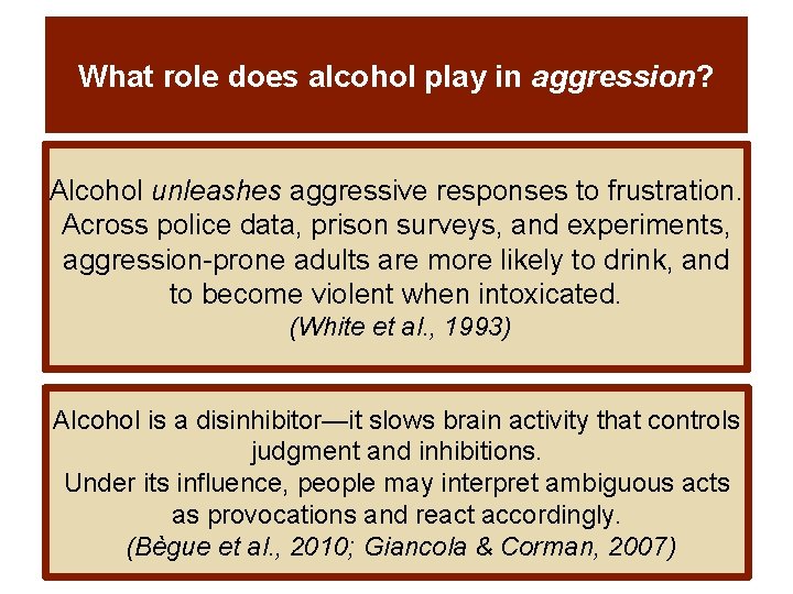 What role does alcohol play in aggression? Alcohol unleashes aggressive responses to frustration. Across What role does alcohol play in aggression? Alcohol unleashes aggressive responses to frustration. Across