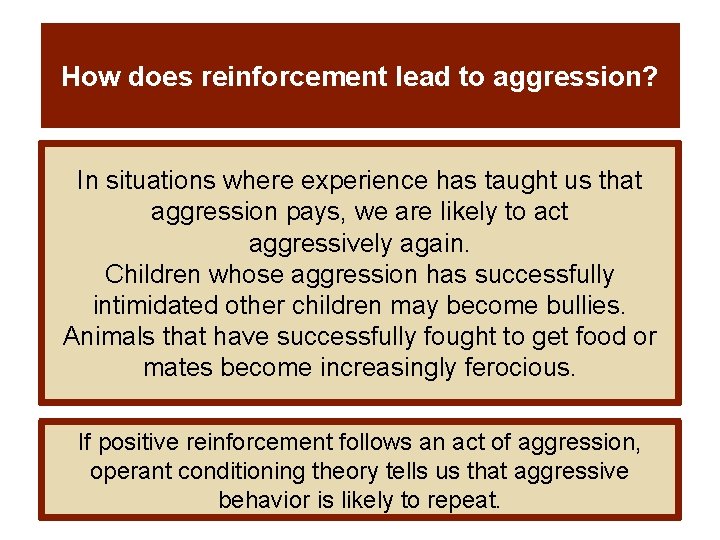 How does reinforcement lead to aggression? In situations where experience has taught us that How does reinforcement lead to aggression? In situations where experience has taught us that