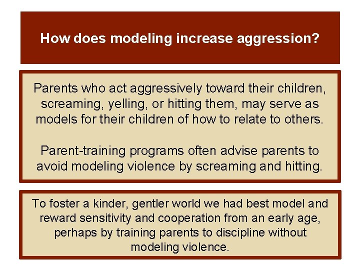 How does modeling increase aggression? Parents who act aggressively toward their children, screaming, yelling, How does modeling increase aggression? Parents who act aggressively toward their children, screaming, yelling,