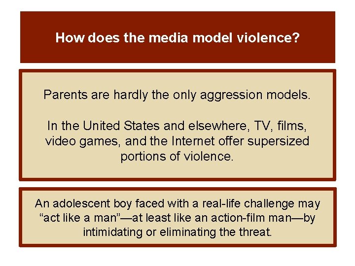 How does the media model violence? Parents are hardly the only aggression models. In How does the media model violence? Parents are hardly the only aggression models. In