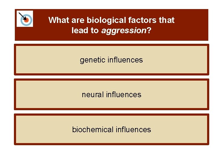 What are biological factors that lead to aggression? genetic influences neural influences biochemical influences What are biological factors that lead to aggression? genetic influences neural influences biochemical influences