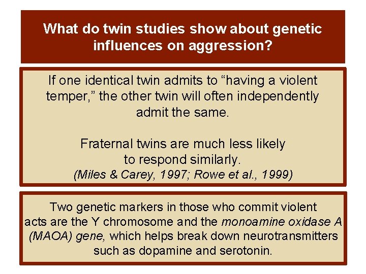 What do twin studies show about genetic influences on aggression? If one identical twin What do twin studies show about genetic influences on aggression? If one identical twin