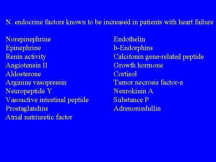 N. endocrine factors known to be increased in patients with heart failure Norepinephrine Epinephrine