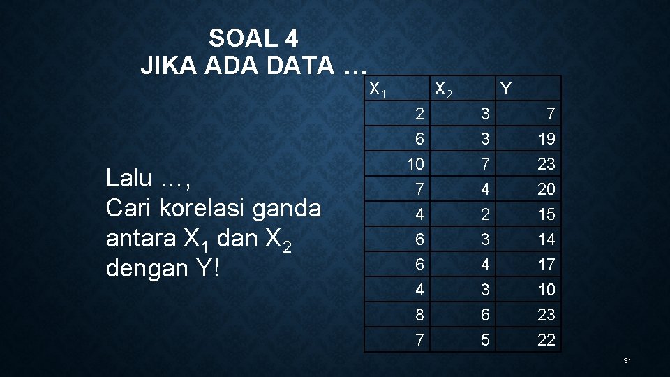 SOAL 4 JIKA ADA DATA … Lalu …, Cari korelasi ganda antara X 1