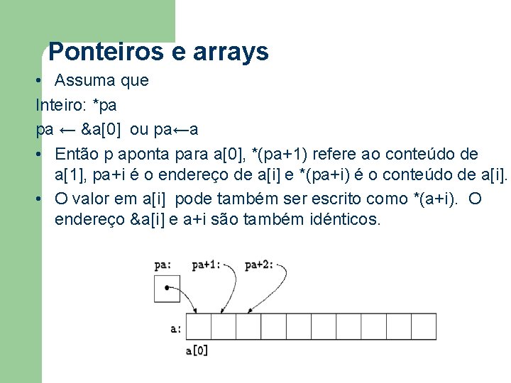 Ponteiros e arrays • Assuma que Inteiro: *pa pa ← &a[0] ou pa←a •