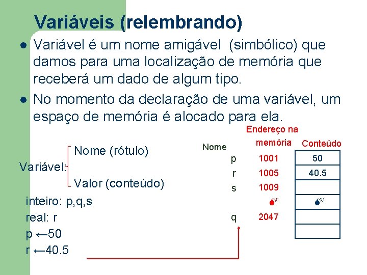 Variáveis (relembrando) l l Variável é um nome amigável (simbólico) que damos para uma