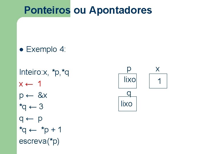 Ponteiros ou Apontadores l Exemplo 4: Inteiro: x, *p, *q x ← 1 p