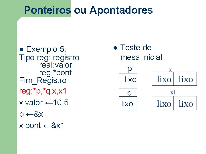 Ponteiros ou Apontadores Exemplo 5: Tipo reg: registro real: valor reg: *pont Fim_Registro reg: