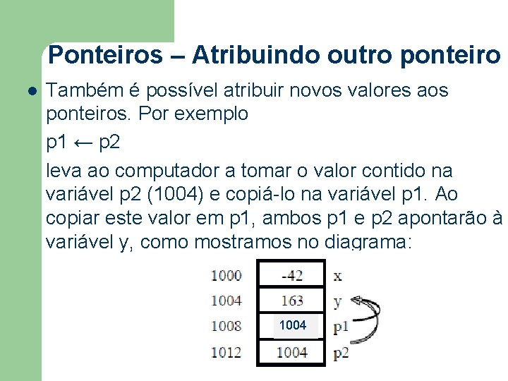 Ponteiros – Atribuindo outro ponteiro l Também é possível atribuir novos valores aos ponteiros.